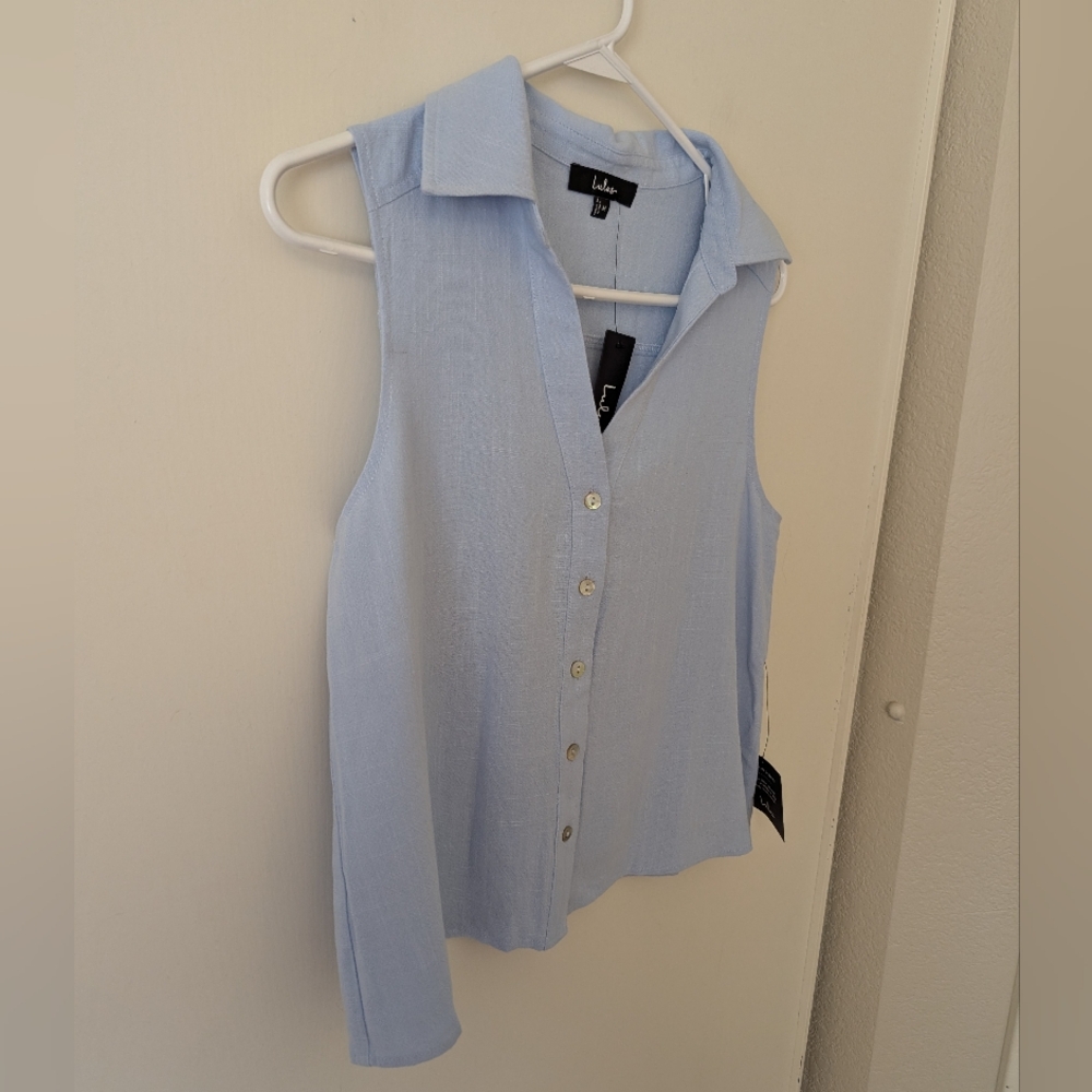 Lulus Womens Medium Sleeveless Button Down Blouse Blue NWT Preppy Academia - Picture 5 of 8